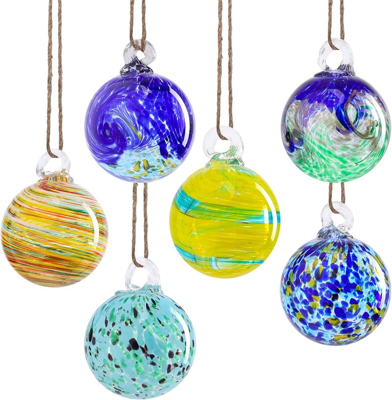 VCUTEKA Hanging Garden Gazing Ball, Hand-Blown Glass Witch Ball for Outdoor Garden Décor, 6pcs 3" Colorful Swirl - Image 1